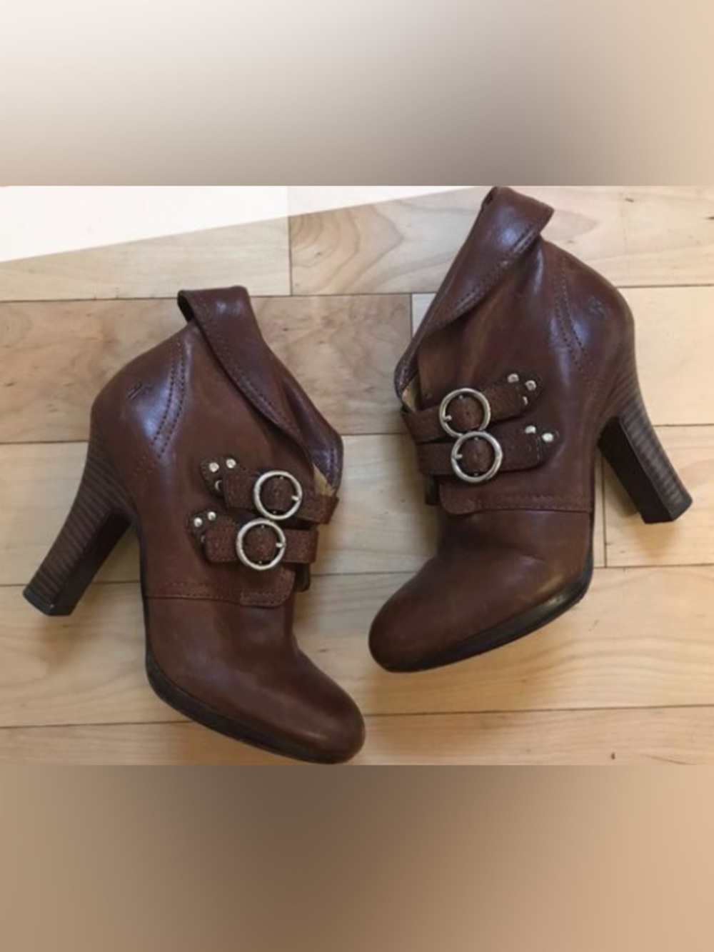 Frye Matilda Brown Leather Double-Buckle Fold-Over Ankle Booties